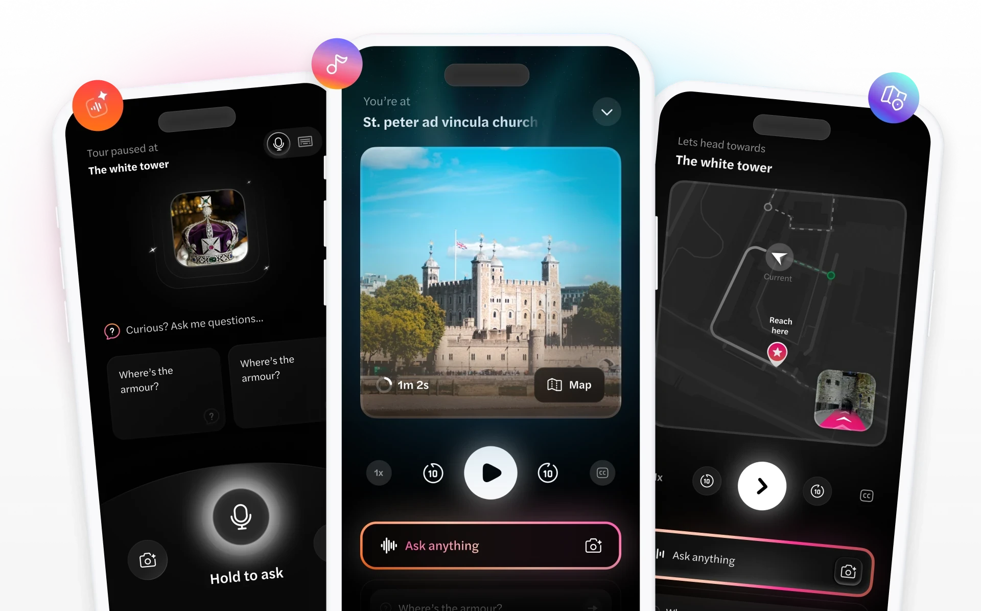 Dex app showing an AI-guided tour, live narration, and wayfinding across three phones