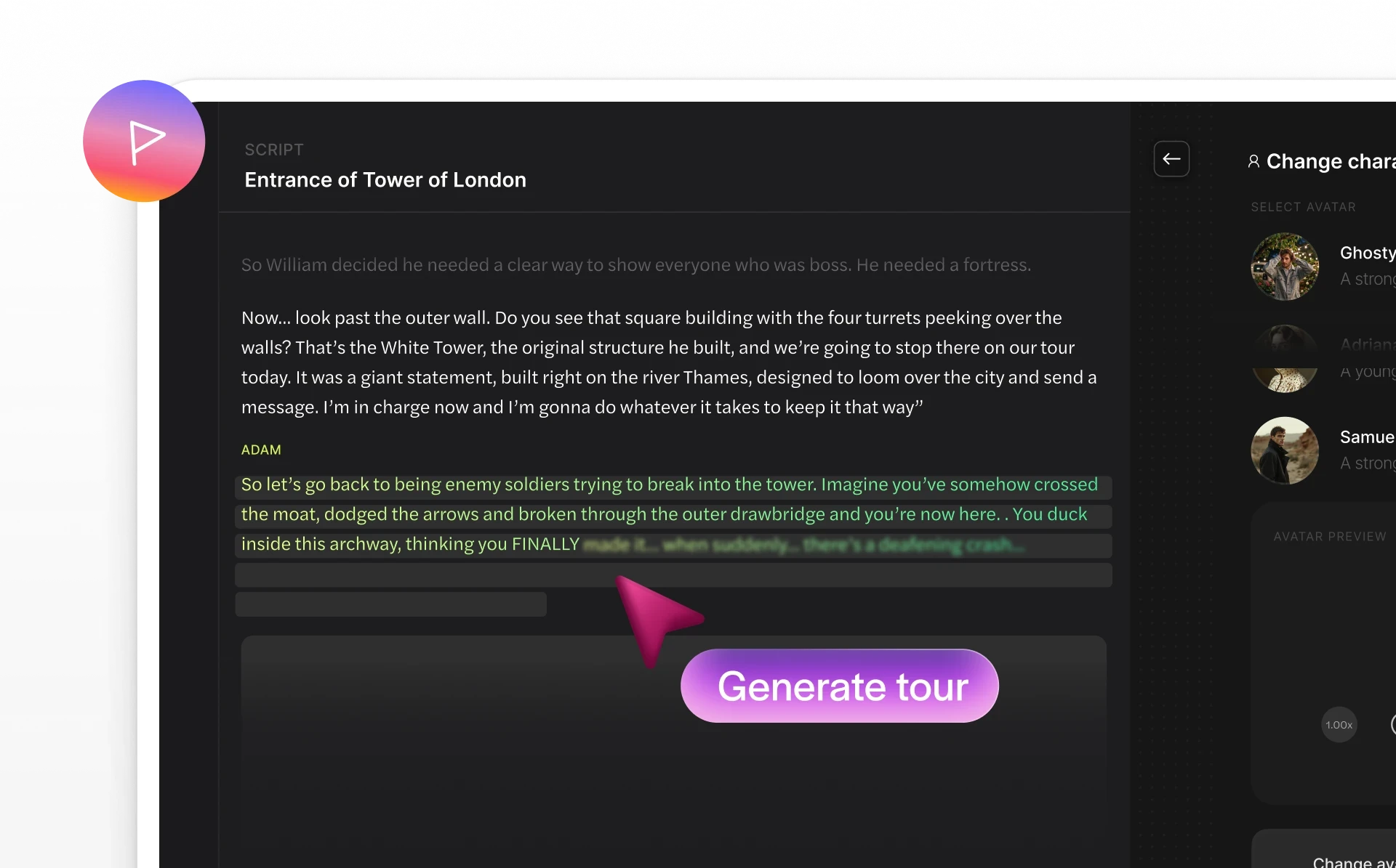 Dex Studio generating a guided tour script from a simple prompt