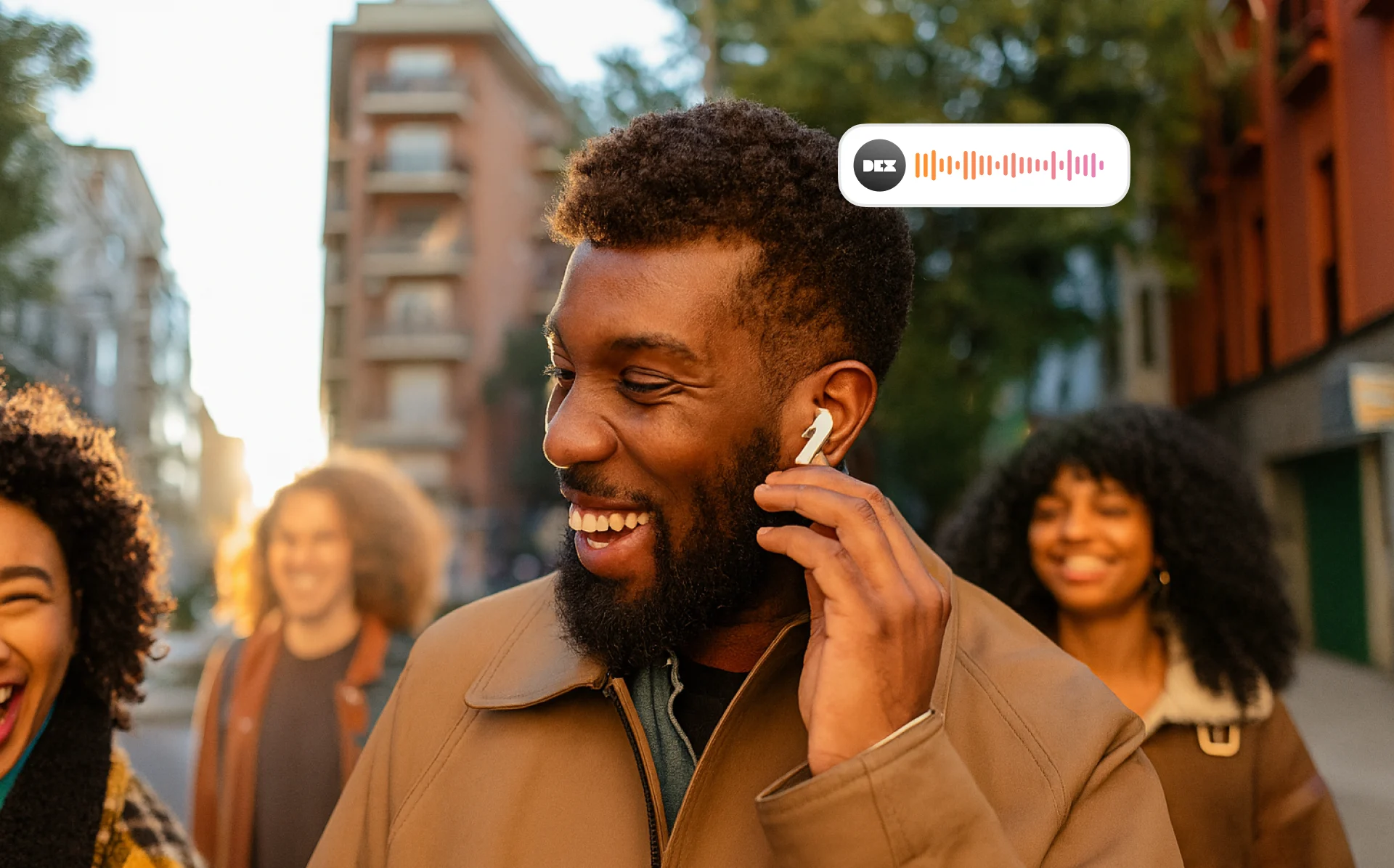 A visitor exploring a city while listening to Dex through earbuds